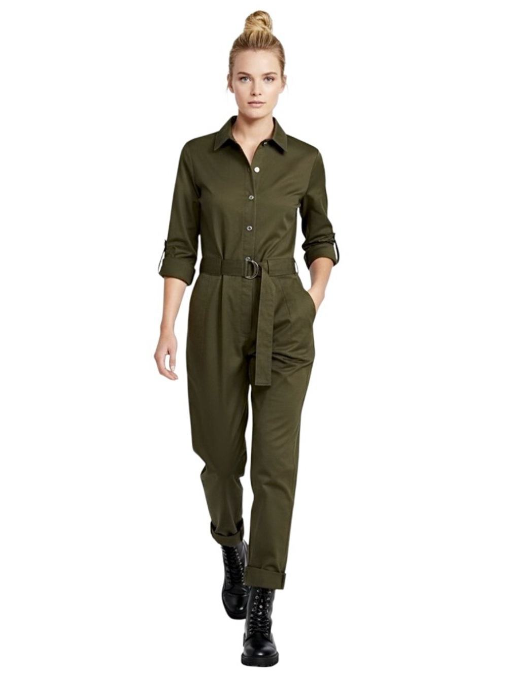 3.1 Phillip Lim Twill Utility Jumpsuit Size US 2 XS Army Green Long-Sleeve Belt